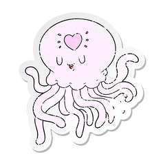 distressed sticker of a cartoon jellyfish in love