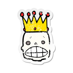 distressed sticker of a cartoon spooky skull face with crown