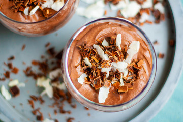 Homemade vegan chocolate mousse with coconut creamand cocoa