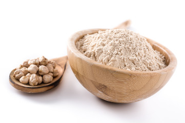 chickpea flour in wooden bowl isolated on white background