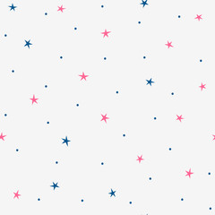 Randomly scattered small stars and dots. Cute seamless pattern.