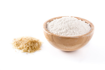 White rice flour in a bowl isolated on white background