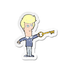 retro distressed sticker of a cartoon man with key
