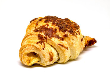 Croissant bakery photo closeup on white background. Cheese croissant studio photo. Fresh puff pastry closeup