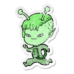 distressed sticker of a cute cartoon alien girl