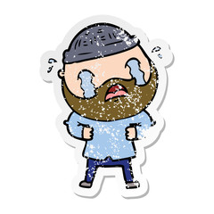 distressed sticker of a cartoon bearded man crying