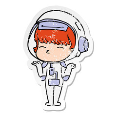 distressed sticker of a cartoon curious astronaut