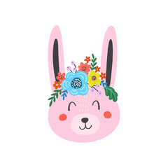 Bunny in flower wreath cute cartoon illustration