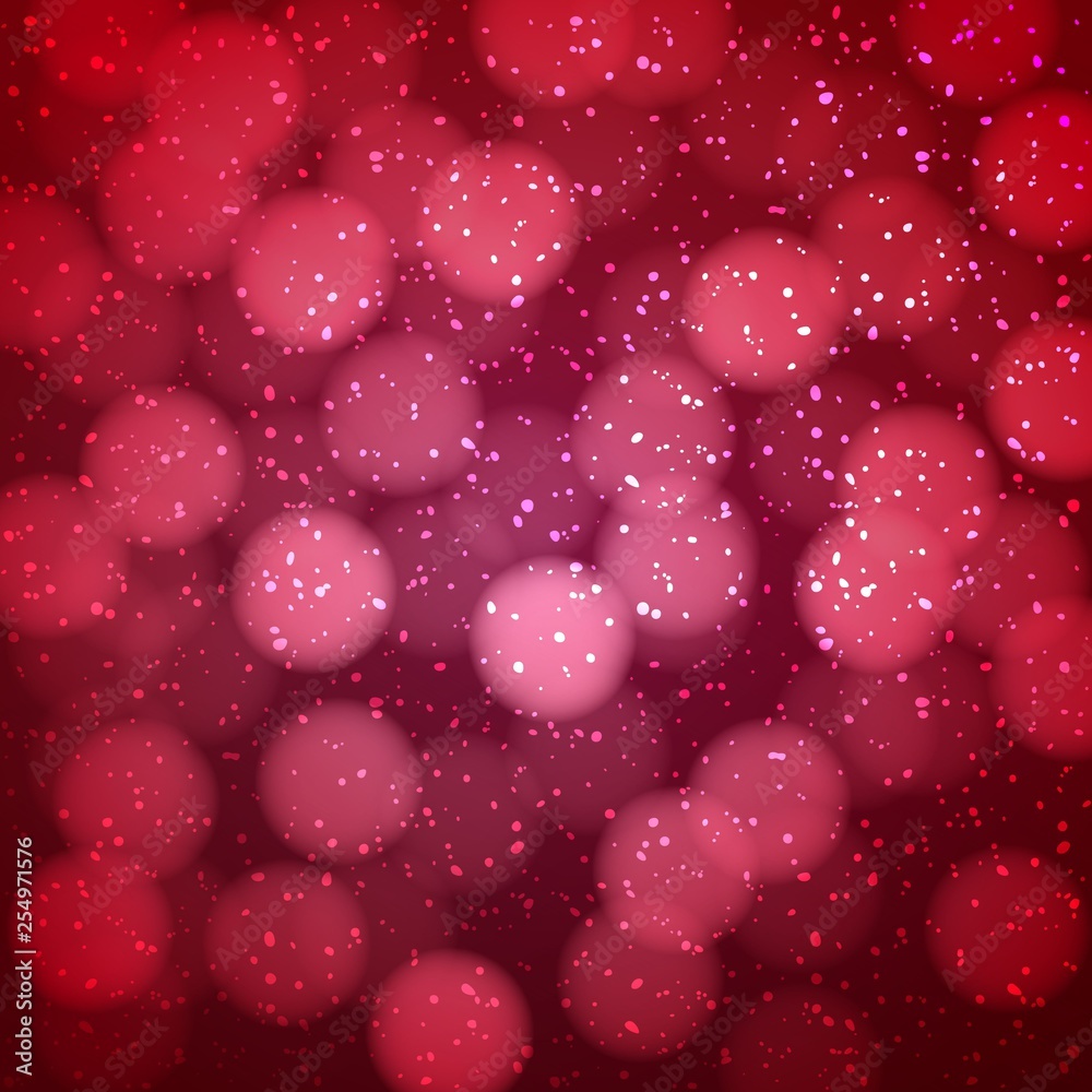 Poster Abstract Red Background with Bokeh. Vector Shiny Banner. Ruby Blurry Holiday Texture with White Snow