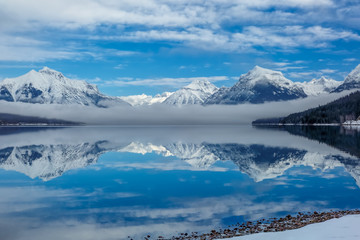 Lake McDonald with fog bank, Glacier National Park, Montana