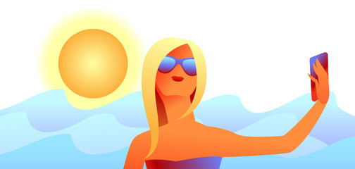 Girl in sunglasses makes selfie.