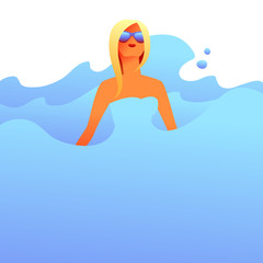 Blonde girl in sunglasses in sea waves.