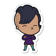 sticker of a cartoon squinting girl