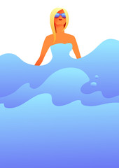 Blonde girl in sunglasses in sea waves.