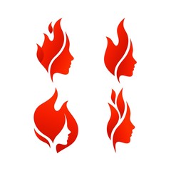 Set of Beautiful Female Faces with Flames. Vector Logo Template. Abstract Symbol Concept for Beauty Salon and Spa