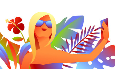Girl in sunglasses makes selfie.