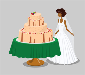 Bride near Pink Wedding Cake Vector Illustration