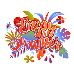 Background with tropical leaves and flowers.