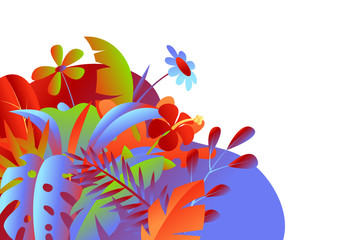 Background with tropical leaves and flowers.