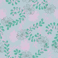 Floral seamless pattern with abstract line flowers and leaves. Summer background. Vector illustration