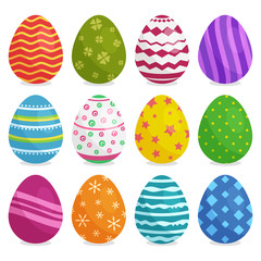 Colorful collection of Easter eggs with shadow isolated on white background. Vector illustration