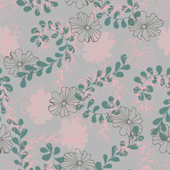 Floral seamless pattern with abstract line flowers and leaves. Summer background.   
