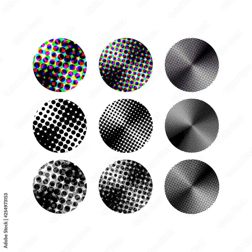 Poster Abstract Circles with Colored Halftones. Vector Elements in Pop Art Style. Modern Design for Labels, Logos and Icons