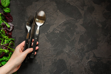cutlery rustic, used for eating or serving (fork, knife, spoon - set). food background. copy space