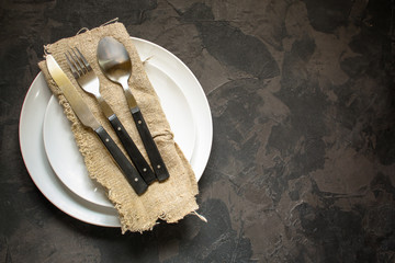 cutlery rustic, used for eating or serving (fork, knife, spoon - set). food background. copy space