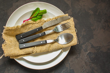 cutlery rustic, used for eating or serving (fork, knife, spoon - set). food background. copy space