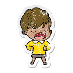 distressed sticker of a cartoon woman talking