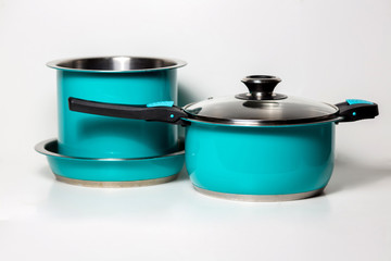 Light blue color food pots isolated on white background