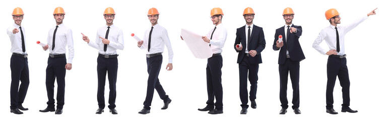 panoramic photo collage of architect expert isolated on white