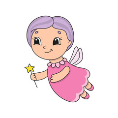 Cute fairy with purple hair. Cute flat vector illustration in childish cartoon style. Funny character. Isolated on white background.