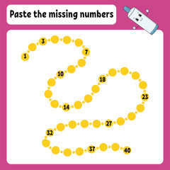 Paste the missing numbers. Handwriting practice. Learning numbers for kids. Education developing worksheet. Activity page. Game for children. Isolated vector illustration in cute cartoon style.