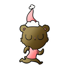 peaceful gradient cartoon of a bear running wearing santa hat