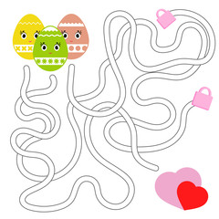 Color abstract labyrinth. Kids worksheets. Activity page. Game puzzle for children. Cute egg toon, the way to the heart, holiday, Easter. Maze conundrum. Vector illustration.