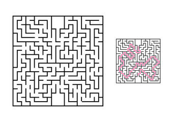 Abstract square maze. Game for kids. Puzzle for children. One entrance, one exit. Labyrinth conundrum. Flat vector illustration isolated on white background. With answer.