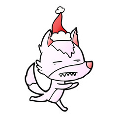 gradient cartoon of a wolf showing teeth wearing santa hat