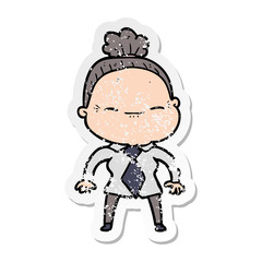 distressed sticker of a cartoon peaceful old woman