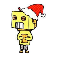 comic book style illustration of a robot wearing santa hat