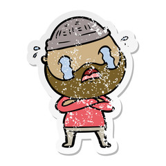 distressed sticker of a cartoon bearded man crying