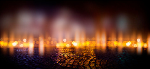 Fototapeta premium Wet asphalt, reflection of neon lights, a searchlight, smoke. Abstract street with smoke, smog. Night background, night city Abstract bokeh light, night bokeh.