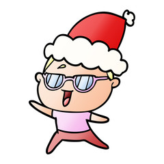 gradient cartoon of a happy woman wearing spectacles wearing santa hat