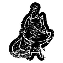 friendly cartoon distressed icon of a wolf wearing santa hat