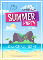 Summer disco party poster with sea beach and island. Paper cut out art design