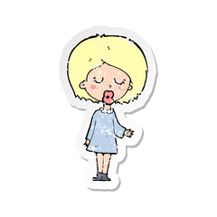 retro distressed sticker of a cartoon woman explaining her point