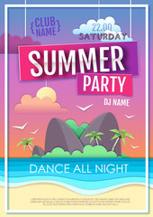 Summer disco party poster with sea beach and island. Paper cut out art design