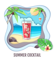 Tropic cocktail on sea beach landscape. Paper cut out art style design