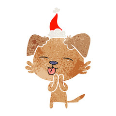 retro cartoon of a dog sticking out tongue wearing santa hat
